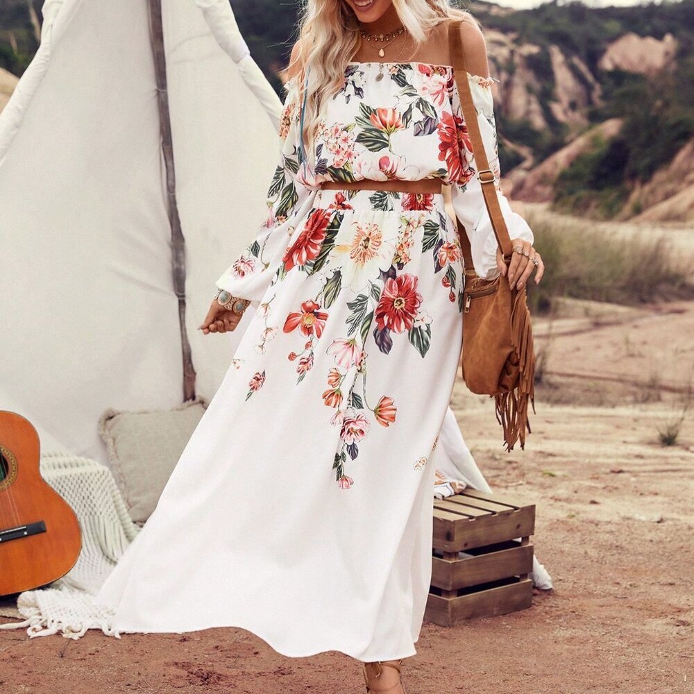 White Boho Womens Floral Print Off Shoulder Lantern Sleeve Top & Split Hem Skirt - Picture 5 of 7